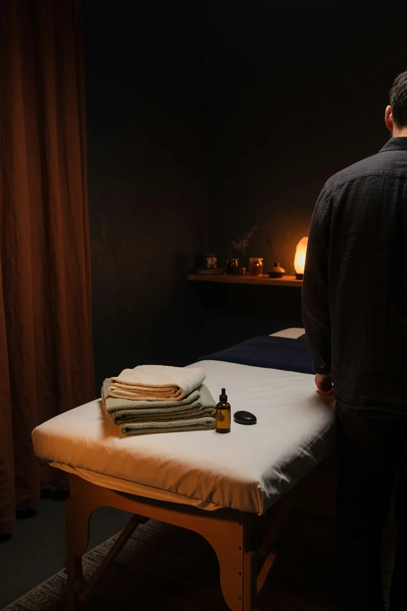A treatment room, seen from behind the practitioner. This is a stand-in, not a photograph of Jinx.